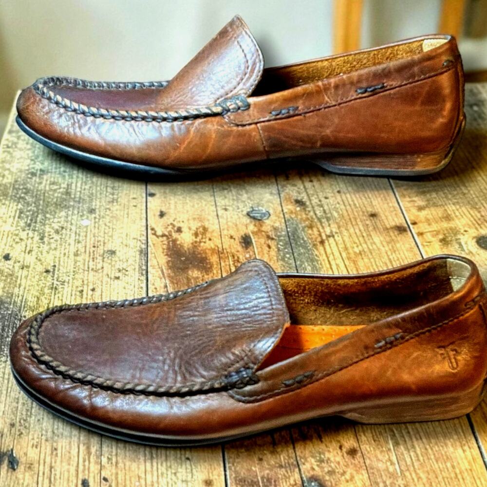 Men's Size 8 FRYE "Lewis" Venetian Brown Flexible Leather Driving Loafers VGUC